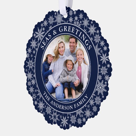 海とモダンあいさつ写真雪片ブルー オーナメントカード (左)