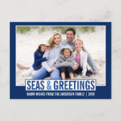 海とモダンあいさつ家族フォトブルー ポストカード (正面)