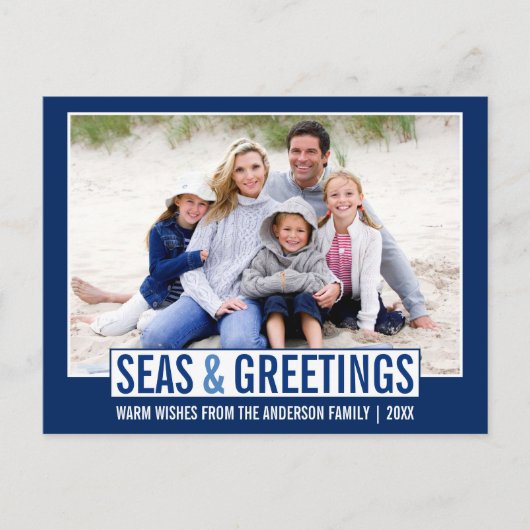 海とモダンあいさつ家族フォトブルー ポストカード (正面)