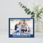 海とモダンあいさつ家族フォトブルー ポストカード (スタンド正面)