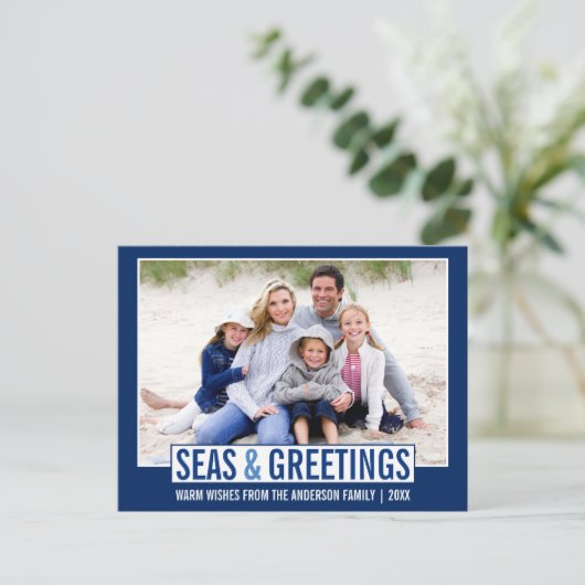 海とモダンあいさつ家族フォトブルー ポストカード (スタンド正面)