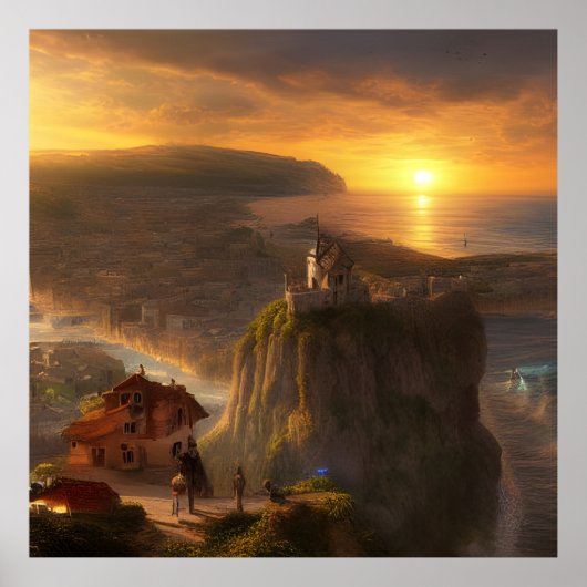 海と太陽の崖に小さな家 ポスター (正面)