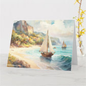海と帆船のある風景 カード (黄色い花)