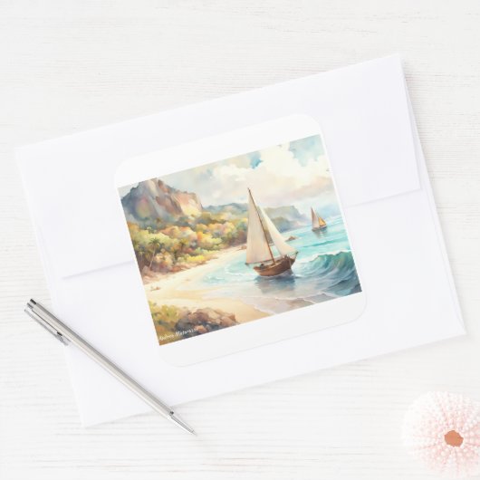 海と帆船のある風景 スクエアシール (封筒)