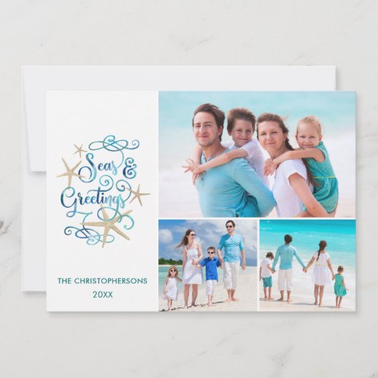 海と挨拶の海岸沿いのクリスマスフォトコラージュ シーズンカード (正面)