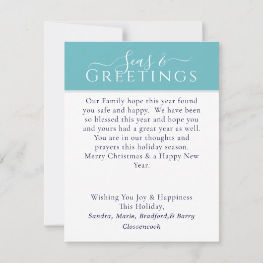 海と挨拶ティール(緑がかった色)ブルー3写真クリスマス (裏面)