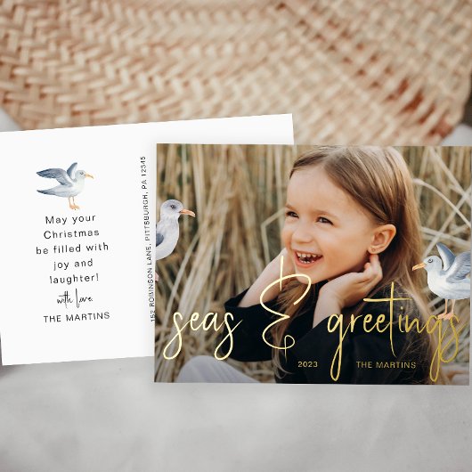 海と挨拶 ビーチをテーマにした写真 箔シーズンポストカード