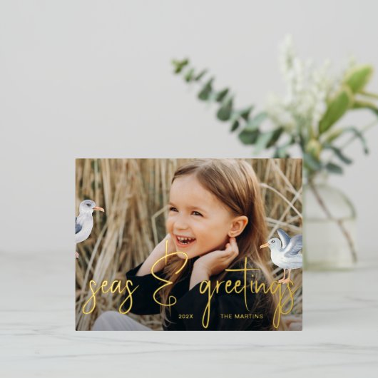 海と挨拶 ビーチをテーマにした写真 箔シーズンポストカード (立ち正面)