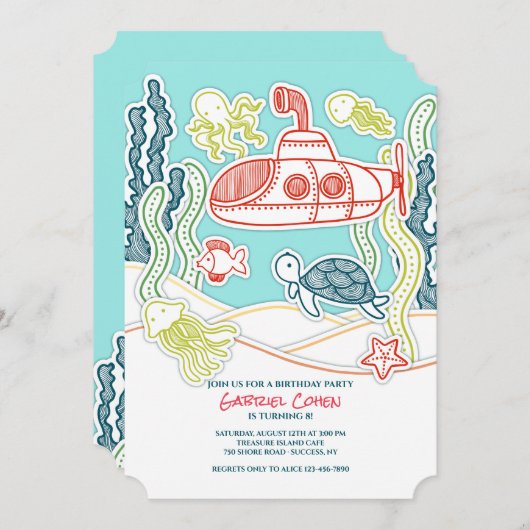 海と潜水艦の誕生日パーティー 招待状 (正面/裏面)