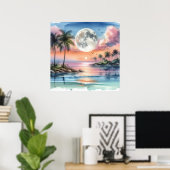 海と熱帯の島の水の色の上に設定された月 ポスター (ホームオフィス)