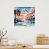 海と熱帯の島の水の色の上に設定された月 ポスター (キッチン)