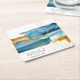 海と砂のモダン水の色の結婚ナプキン スクエアペーパーコースター