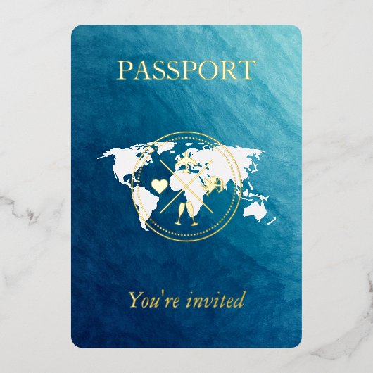 海と金ゴールドパスポート宛先ウェディングフォト 箔招待状 (正面)