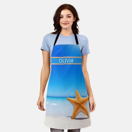 海と青い空とビーチのヒトデ エプロン (着用した状態)