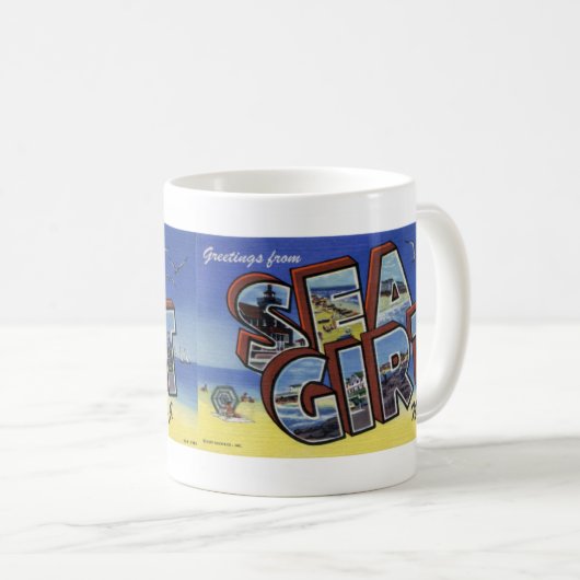 海によって授けられるNJのヴィンテージの郵便はがきのマグからの挨拶 コーヒーマグカップ (正面右)