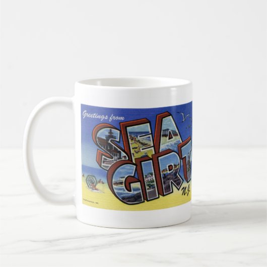 海によって授けられるNJのヴィンテージの郵便はがきのマグからの挨拶 コーヒーマグカップ (左)