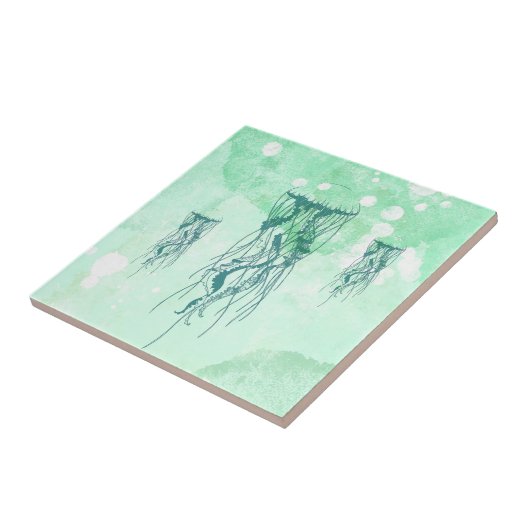 海にインスパイアされたクラゲの青い水彩 タイル (側面)