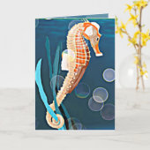 海にシャボン玉を持つオレンジシーホース カード (黄色い花)