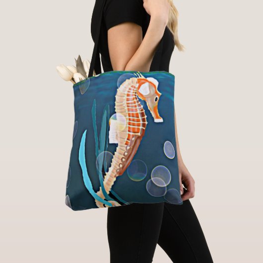 海にシャボン玉を持つオレンジシーホース トートバッグ (クローズアップ)