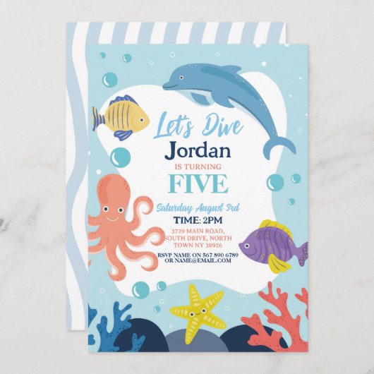海にダイブしよう!5つの海のイルカとタコ 招待状 (正面/裏面)