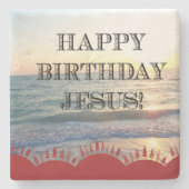 海に沈む sereneな夕焼け イエス様の誕生日おめでとう ストーンコースター (正面)