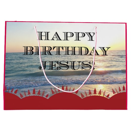 海に沈む sereneな夕焼け イエス様の誕生日おめでとう ラージペーパーバッグ (裏面)