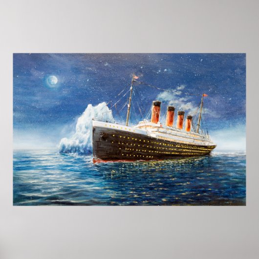 海に浮かぶタイタニック号と氷山の油絵 n ポスター (正面)
