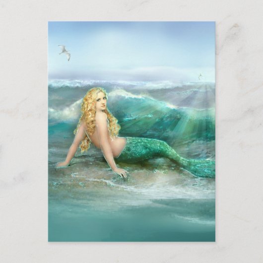 海に浮かぶ人魚の波と海の魚 ポストカード (正面)