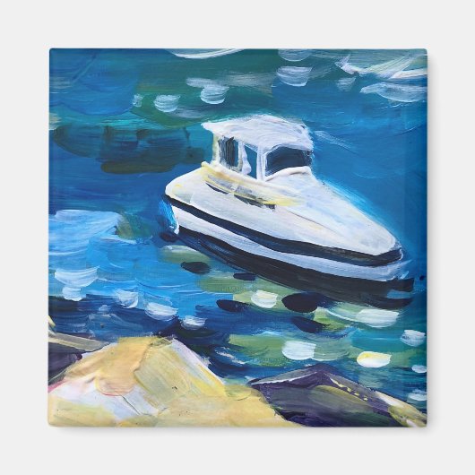 海に浮かぶ白いボート マグネット (正面)