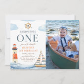 海に突入！1歳の青い航海の誕生日写真 招待状 (正面)