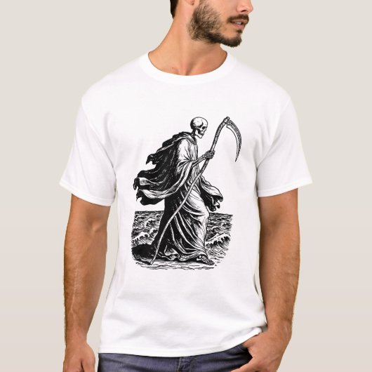 海に立つ鎌を持つスケルトン Tシャツ (正面)