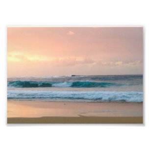 海のある夕日が沈むビーチ フォトプリント