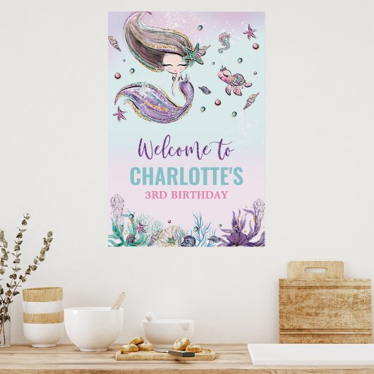 海のお洒落下の人魚の誕生日歓迎 ポスター (キッチン)