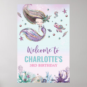 海のお洒落下の人魚の誕生日歓迎 ポスター