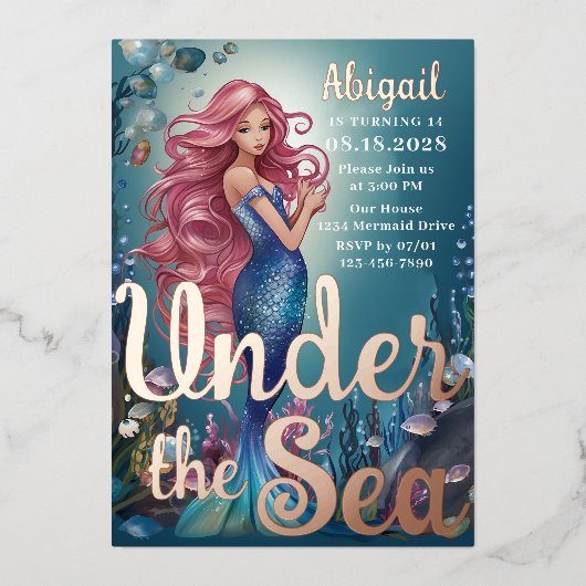 海のお洒落下の魅惑的な人魚誕生日 箔招待状 (正面)