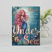 海のお洒落下の魅惑的な人魚誕生日 箔招待状 (立ち正面)