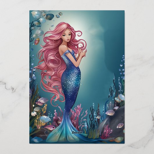 海のお洒落下の魅惑的な人魚誕生日 箔招待状 (裏面)