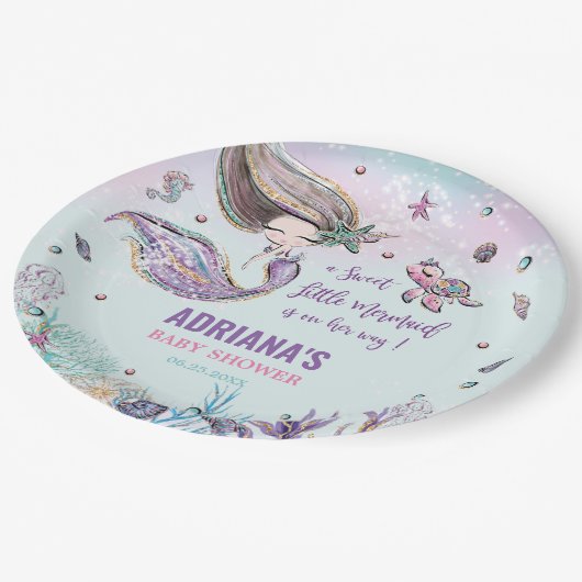 海のお洒落少女の下の人魚の赤ちゃんシャワー ペーパープレート (アングル)