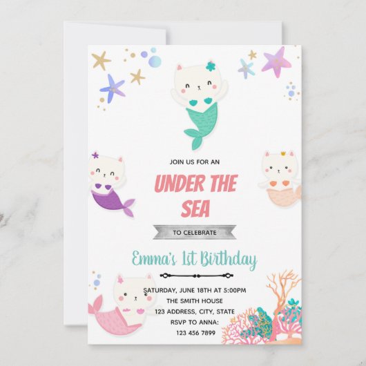 海のお誕生日のお招きでメルキャット サンキューカード (正面)