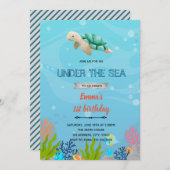 海のお誕生日のお招きの下にカメがいます 招待状 (正面/裏面)