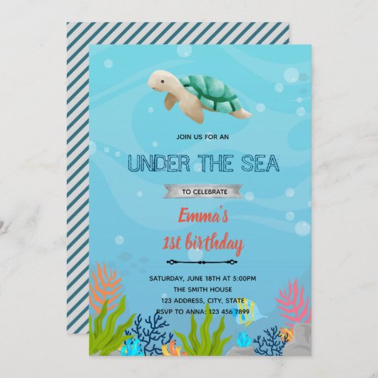 海のお誕生日のお招きの下にカメがいます 招待状 (正面/裏面)