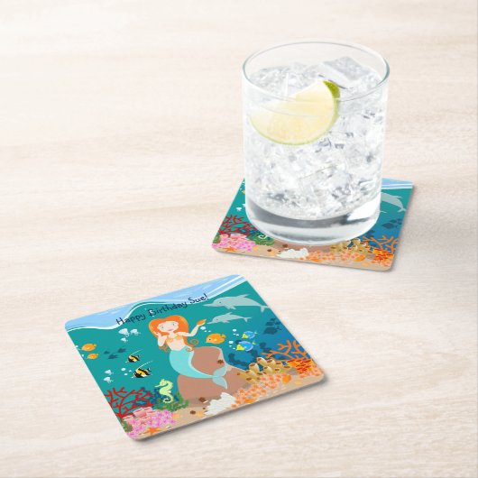 海のお誕生日会の下の人魚とイルカ スクエアペーパーコースター (インサイチュ)