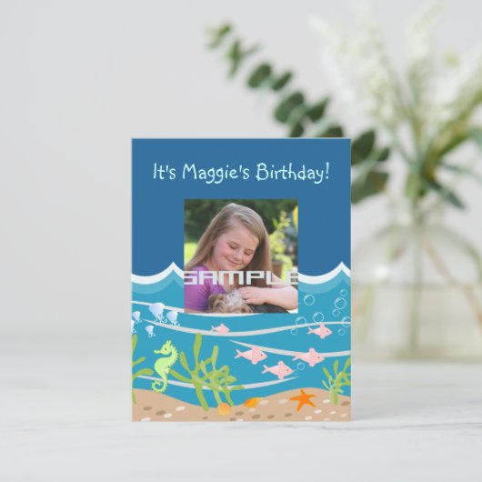 海のお誕生日会の下の人魚とイルカ 招待状 (スタンド正面)