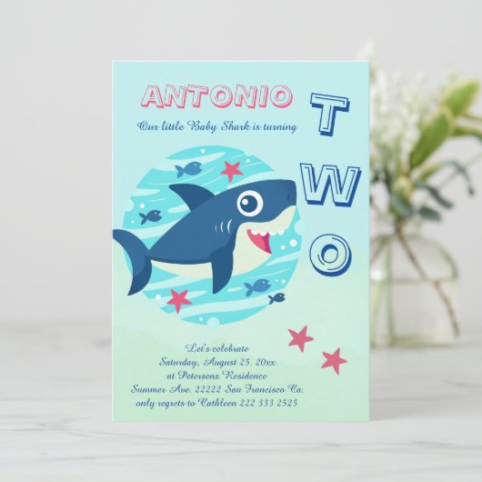 海のかわいい下の第2の誕生日ベビーサメ 招待状 (スタンド正面)