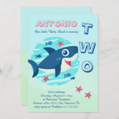 海のかわいい下の第2の誕生日ベビーサメ 招待状 (正面/裏面)