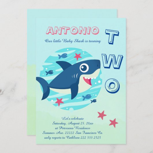 海のかわいい下の第2の誕生日ベビーサメ 招待状 (正面/裏面)