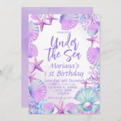 海のかわいい女の子の下1st誕生日パーティー 招待状 (正面/裏面)
