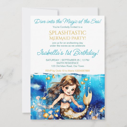 海のかわいい女の子の誕生日パーティーの下の人魚 招待状 (正面)