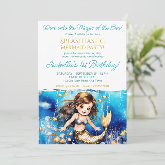 海のかわいい女の子の誕生日パーティーの下の人魚 招待状 (スタンド正面)