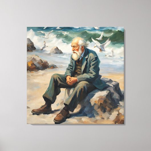 海のそばの老人、カモメが飛んでいる大き絵を描い キャンバスプリント (正面)